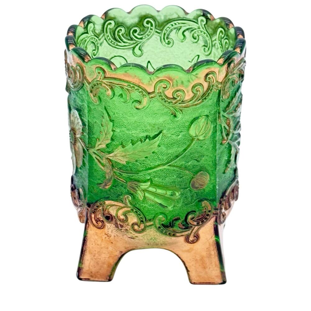 Antique US Glass Floradora Emerald Green Gold Gilt Spooner Celery Vase EAPG